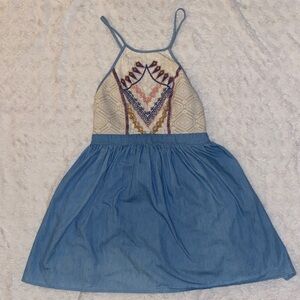 Flying Tomato Blue and Cream Embroidered Cross Back Spaghetti Strap Mini Dress